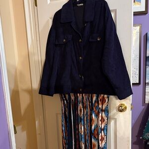 LuLaRoe outfit Navy Jacket with Colorful Patterned Skirt